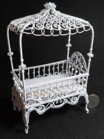 White Wire Baby Canopy Bed Crib Cradle Nursery 1:12 Miniature EI